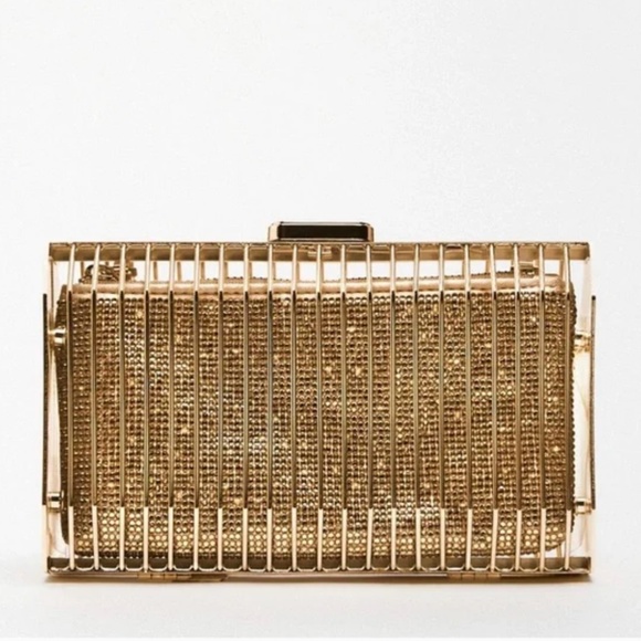 Zara limited edition rhinestones with metallic golden cage style box clutch